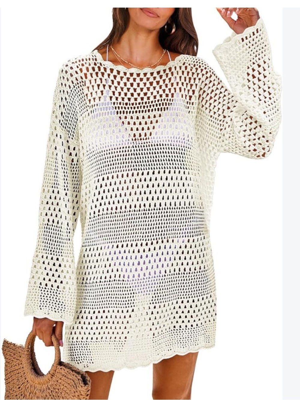Amazon Women Crochet Swim Cover-Up Dress in Cream. Size Medium